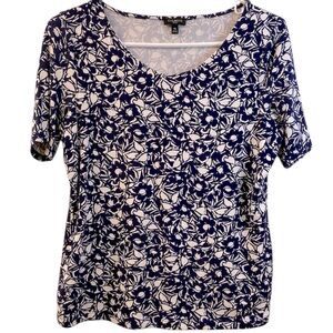 Talbots Petites Top Short Sleeve White Navy Floral Print V Neck WM SZ M Petite